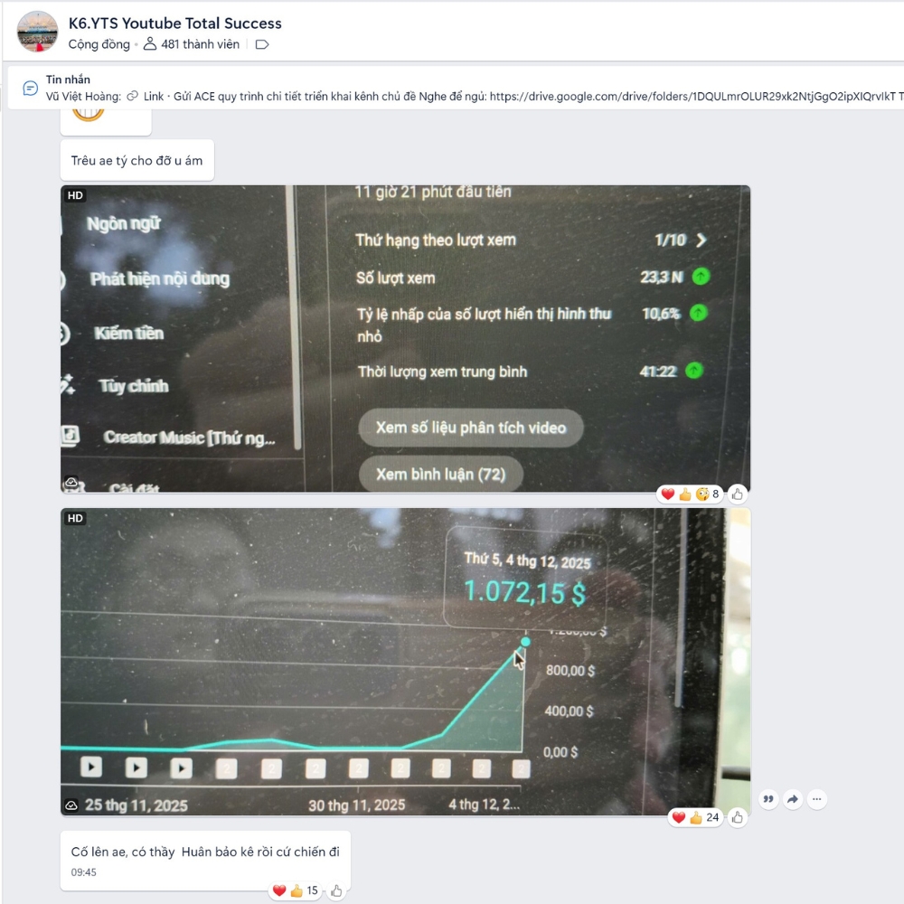 Kết quả thật học viên faceless YouTube GODA — kênh K6 đạt 1.072 USD một ngày